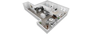 A 3D floor plan of a modern apartment with a kitchen, living room, and bedrooms.